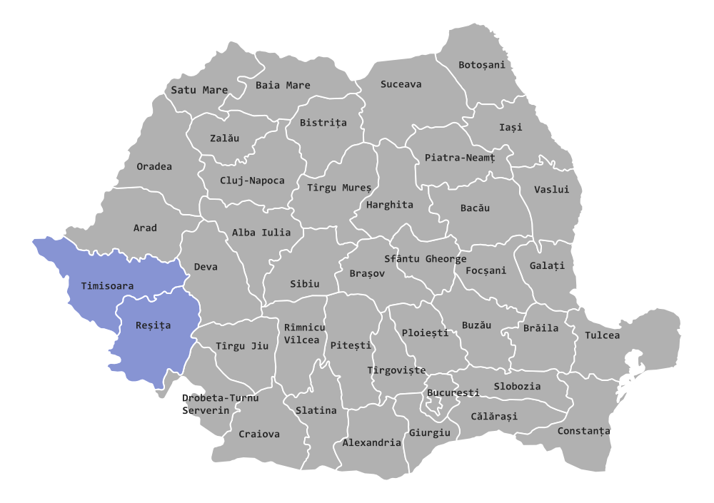 "Grayed out map of Romania with only the Banat region highlighted"
