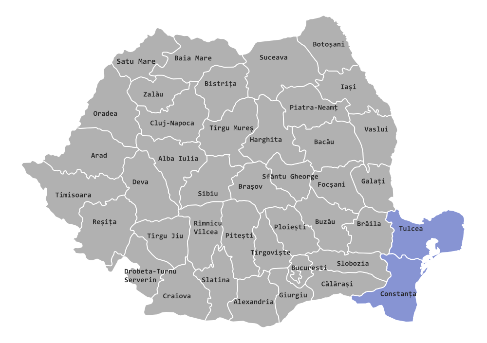 "Grayed out map of Romania with only the Dobrogea region highlighted"